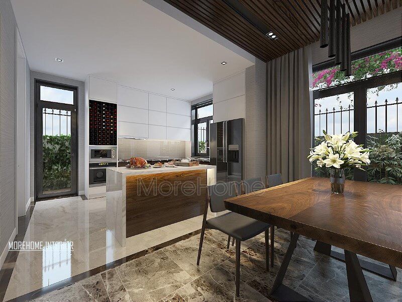 Thiết kế nội thất phòng bếp đảo hiện đại, đẹp vừa thông thoáng vừa tách biệt nhưng gần gũi với ánh sáng tự nhiên.