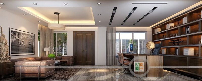 cao
Mẫu thiết kế nội thất cho phòng giám đốc được thiết kế theo phong cách sang trọng với kệ sách lớn và ốp tường gỗ công nghiệp chất lượng cao.