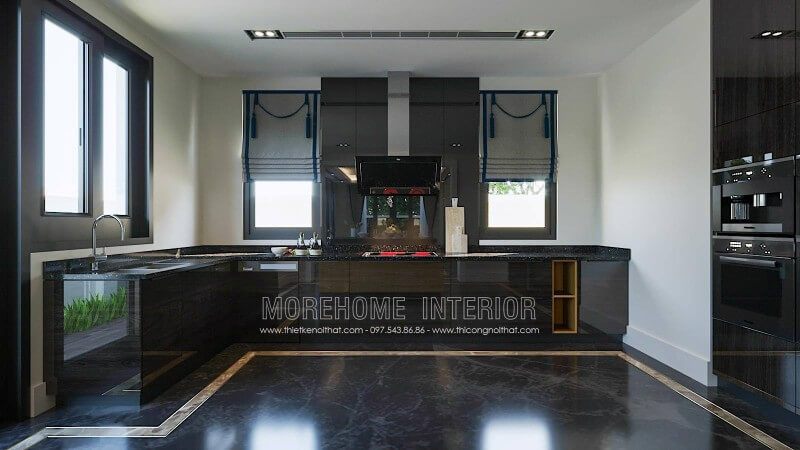 Tủ bếp hiện đại với kích thước nhỏ gọn sẽ làm nên điểm nhấn cho không gian bếp của biệt thự.